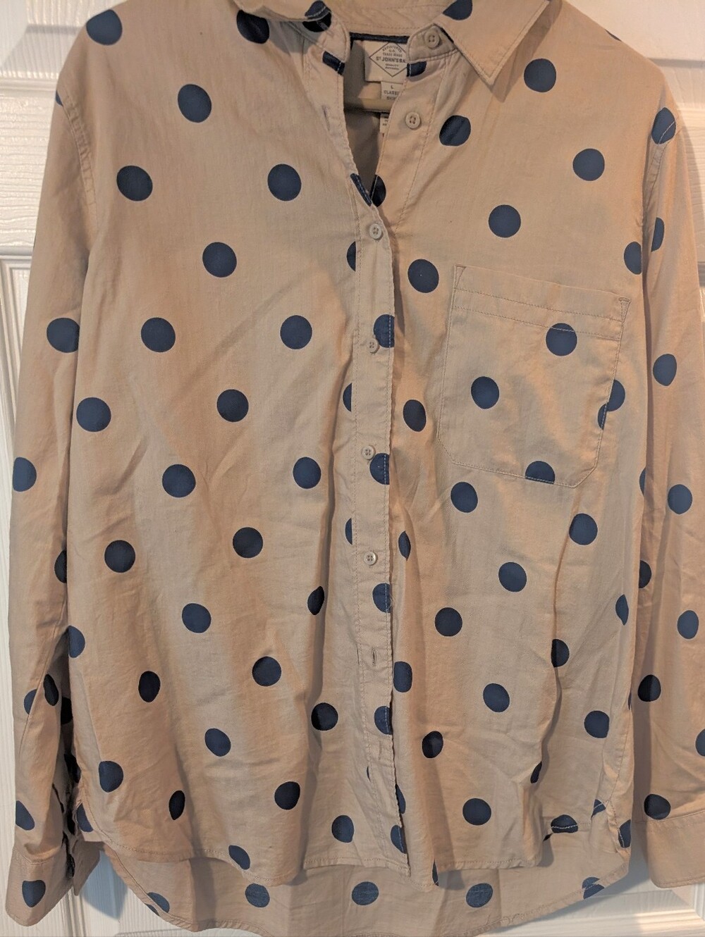 St John's Bay Women's Casual Beige Button-Down Shirt with Navy Polka Dots